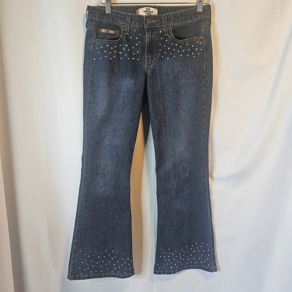 L.E.I. Bootcut Jeans Womens 7 Dark Wash Rhinestone Y2K Bling Flare Vintage Twin